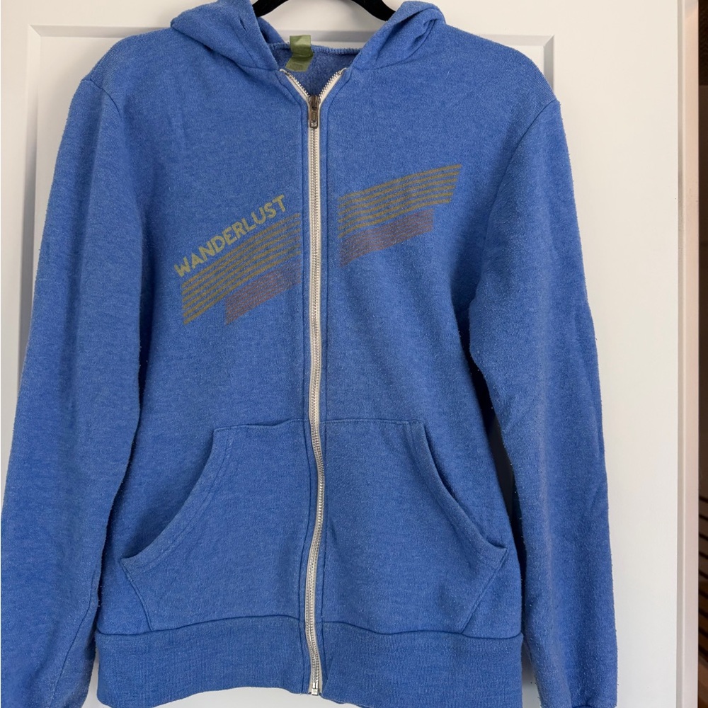 Woolrich Blue Kids Zip Hoodie with 'WANDERLUST' Graphic